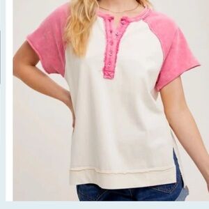BLUIVY Half Button Front Pink Baseball T-Shirt |  Size Small